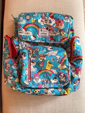 tokidoki x Hello Sanrio for JujuBe Baby Backpack - Bright Blue Rainbow Print